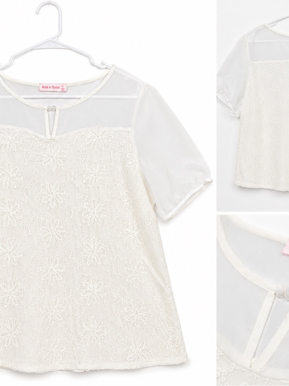 Ana & Rose Cream Floral Lace Short-Sleeve Blouse